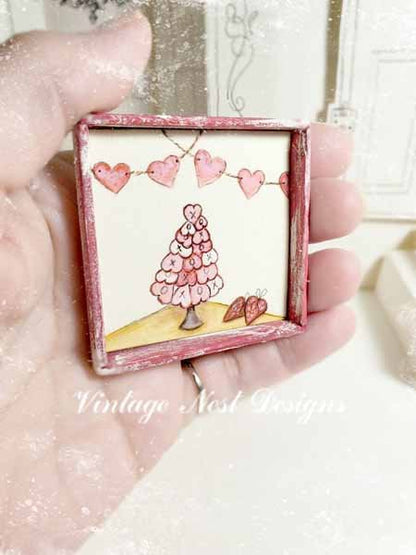 Hearts Bunting No.1 Dollhouse Miniature Handmade Wooden Framed Art image 1