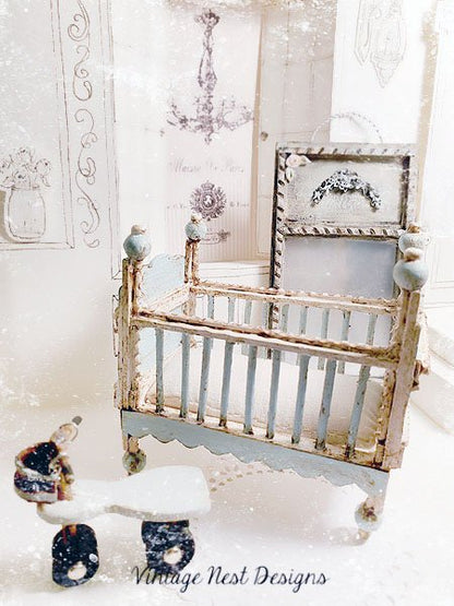 Baby Boy Blue Antique Style Crib No.1 Handmade Dollhouse Miniature image 1