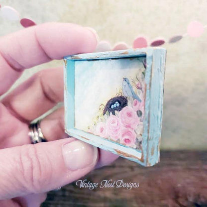 Bird Nest Roses No.1:1 Dollhouse Miniature Handmade Wooden Framed Art image 4