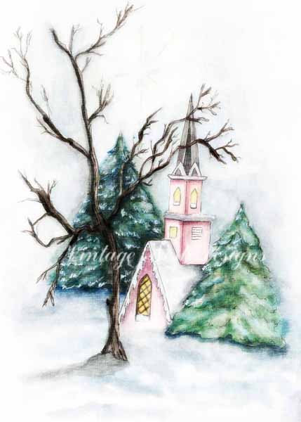 Pink Church in the Woods No.1 Digital Prints Watercolor Painting image 0