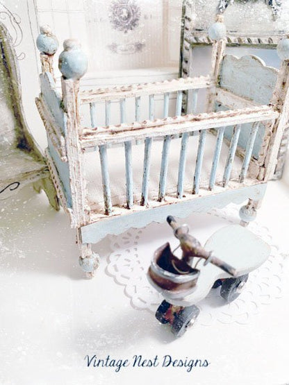 Baby Boy Blue Antique Style Crib No.1 Handmade Dollhouse Miniature image 2