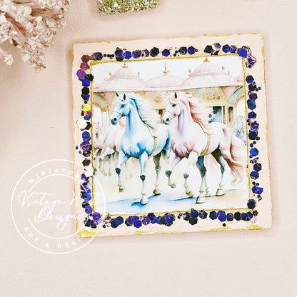 Carousel Horses No.1:1 Dollhouse Miniature Handmade Wooden Framed Art image 3