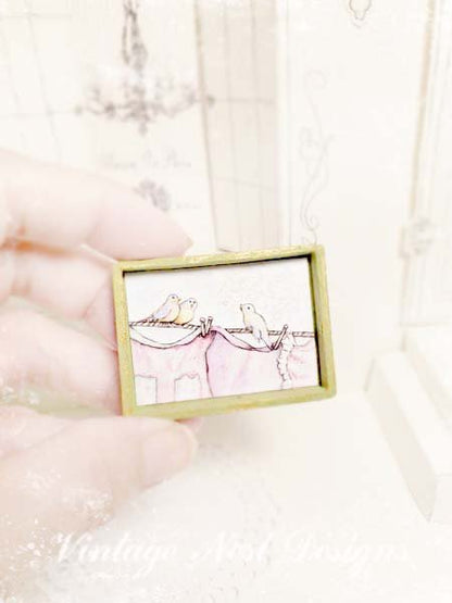 Laundry Birds No.1:1 Dollhouse Miniature Handmade Wooden Framed Art image 8