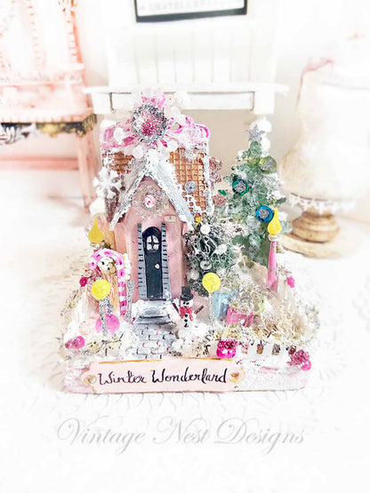 Miniature Christmas Putz Glitter Holiday House No.7 Handmade image 0