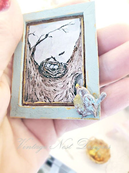 Bird Nest Tree No.2:1 Dollhouse Miniature Handmade Wooden Framed Art image 1