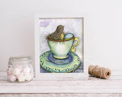 Bird Nest in Tea Cup No.1 Digital Prints Watercolor Painting image 3