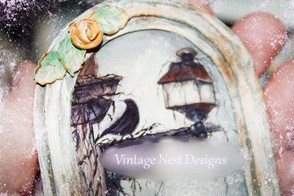 Crow Lantern No.1:5 Dollhouse Miniature Handmade Wooden Framed Art image 1