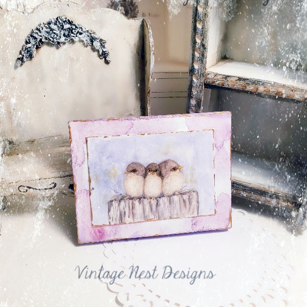 Three Tweets No.1:2 Dollhouse Miniature Handmade Wooden Framed Art image 0