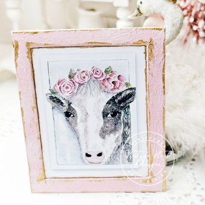 Dollhouse Miniature Cow with Roses No.1:2 Handmade Wooden Framed Art image 4
