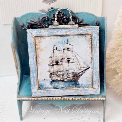 Ship Sailing Away No.1:1 Dollhouse Miniature Handmade Wooden Framed Art image 1