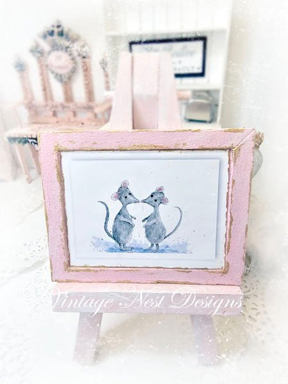 Mice No.8:2 Dollhouse Miniature Handmade Wooden Framed Art image 0