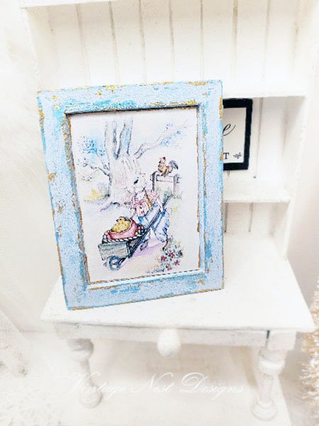 Bunny in Cart No.1:1 Dollhouse Miniature Handmade Wooden Framed Art image 1