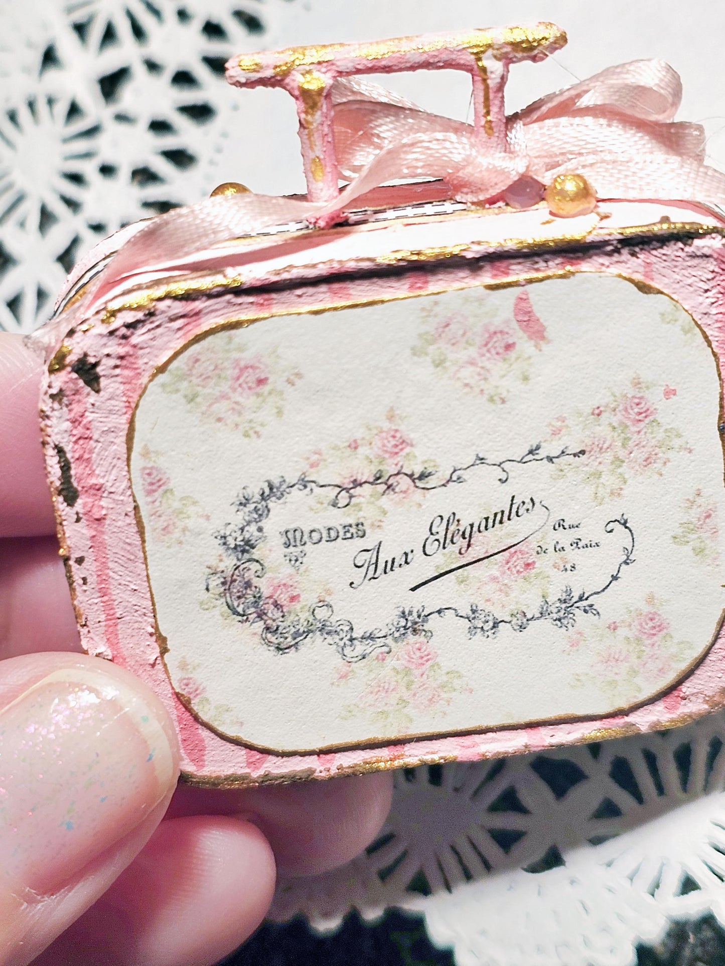 Miniature Pink Luggage Suitcase No.35 Handmade for Dolls