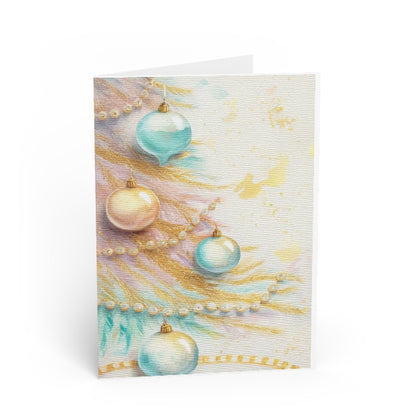 Greeting card with Christmas ornaments and pearl decorations on a watercolor background