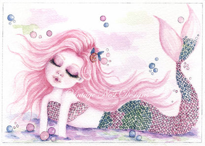 Digital Print Under the Sea Pink Mermaid No.1 Watercolor Instant Download