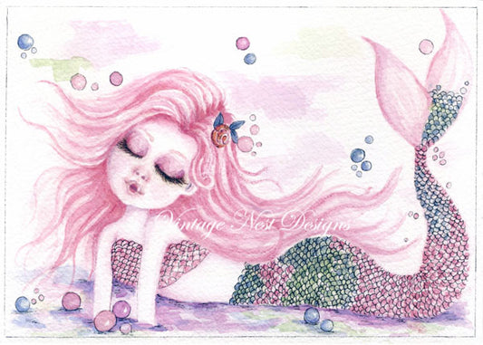 Digital Print Under the Sea Pink Mermaid No.1 Watercolor Instant Download
