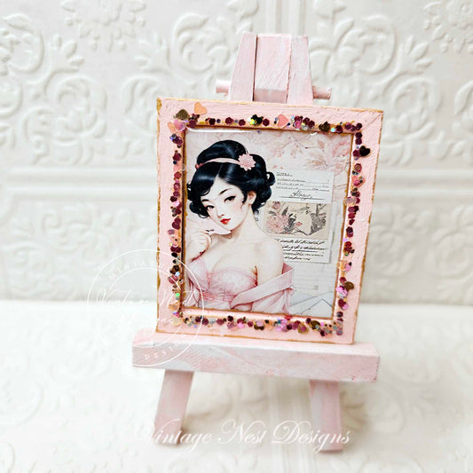 Miniature Asian Woman No.2-1 Pink Wood Frame Dollhouse Wall Decor 1:12 Scale
