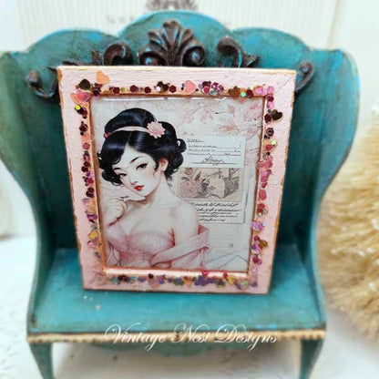 Miniature Asian Woman No.2-1 Pink Wood Frame Dollhouse Wall Decor 1:12 Scale