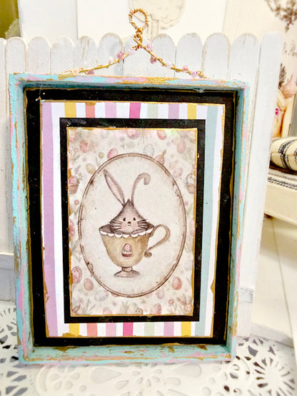 Miniature Bunny in Cup No.1:1 Handmade Framed Art for Dollhouse Diorama Shadow Box