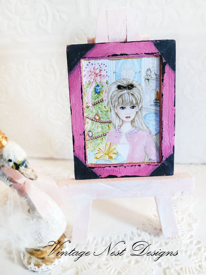 Miniature Christmas Barbie No.11:2 Handmade for Dollhouse Wooden Framed Art