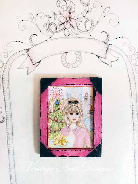 Miniature Christmas Barbie No.11:2 Handmade for Dollhouse Wooden Framed Art