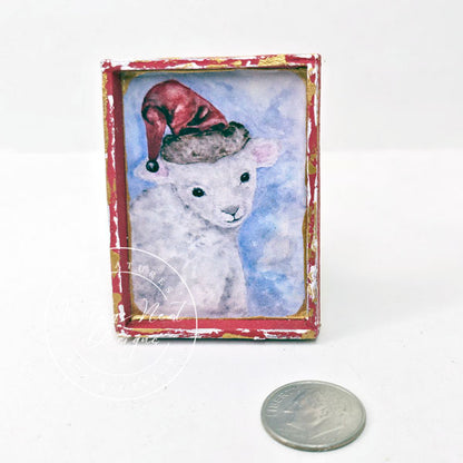 Christmas Lamb No.1:1 Dollhouse Miniature Handmade Wooden Framed Art