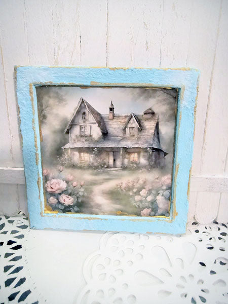 Miniature Cottage Farmhouse No.9-1 Blue Wood Frame Dollhouse Home Wall Decor Diorama Shadow Box 1:12 Scale