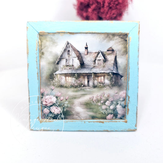 Miniature Cottage Farmhouse No.9-1 Blue Wood Frame Dollhouse Home Wall Decor Diorama Shadow Box 1:12 Scale