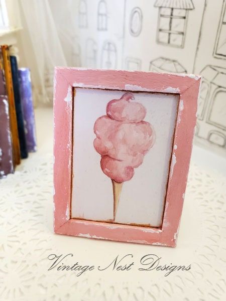 Miniature Cotton Candy No.1:1 Handmade Wooden Framed Art for Diorama Shadow Box