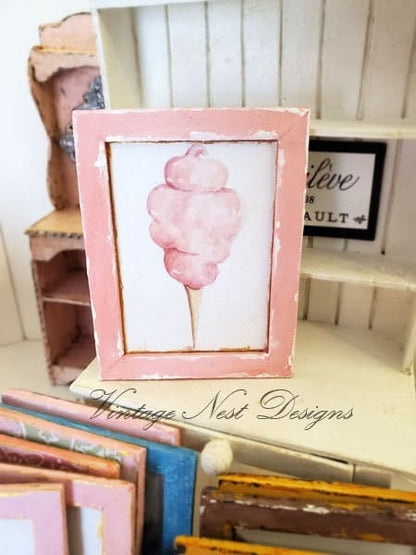 Miniature Cotton Candy No.1:1 Handmade Wooden Framed Art for Diorama Shadow Box