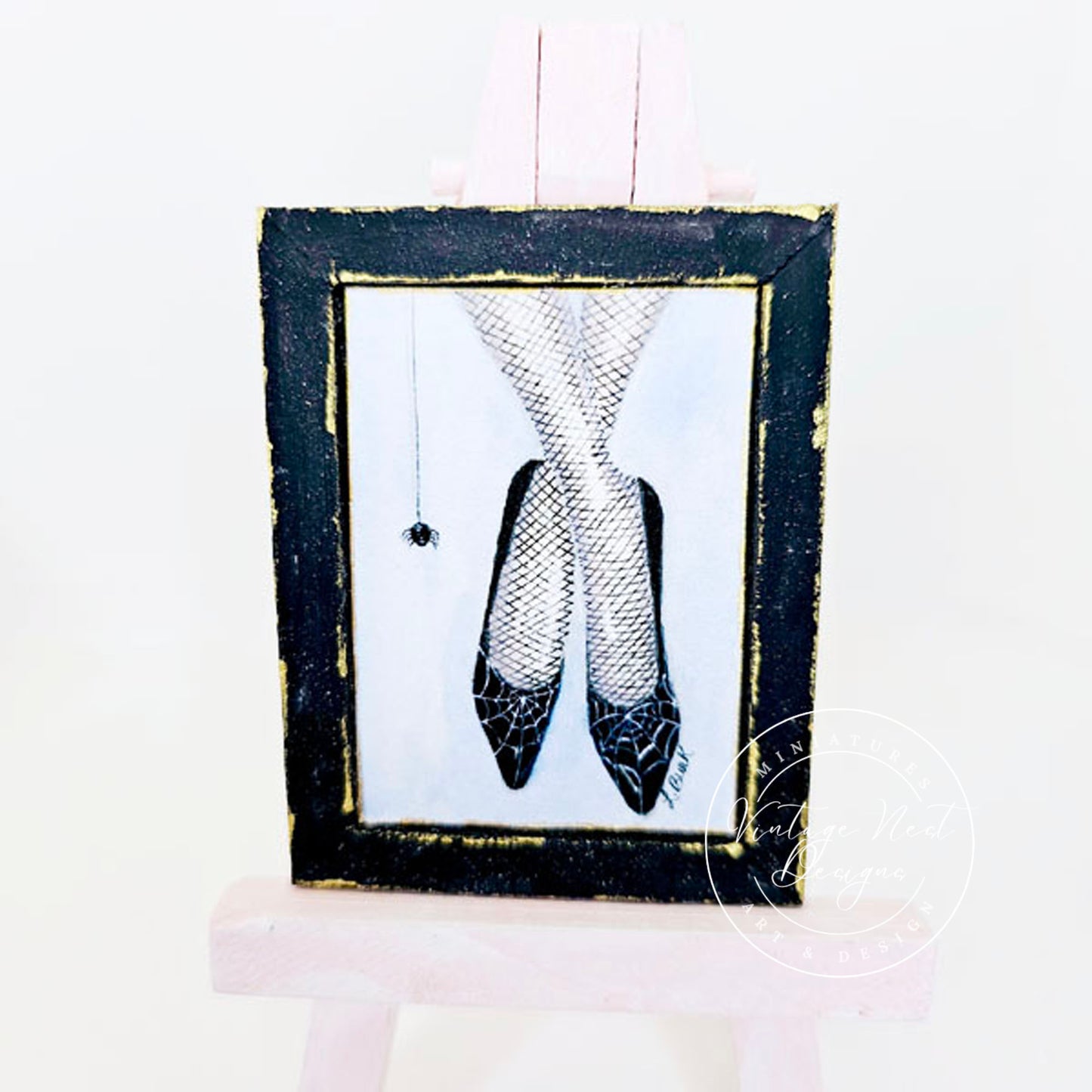 Spinnennetz-Schuhe Nr.1 Puppenhaus Miniatur Handgemalte Kunst im Holzrahmen
