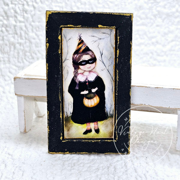 Halloween Treats Girl No.1:1 Dollhouse Miniature Handmade Wooden Framed Art