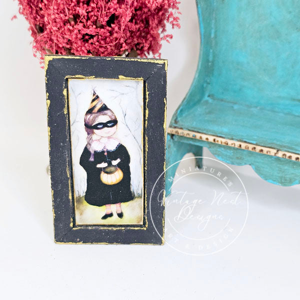 Halloween Treats Girl No.1:1 Dollhouse Miniature Handmade Wooden Framed Art