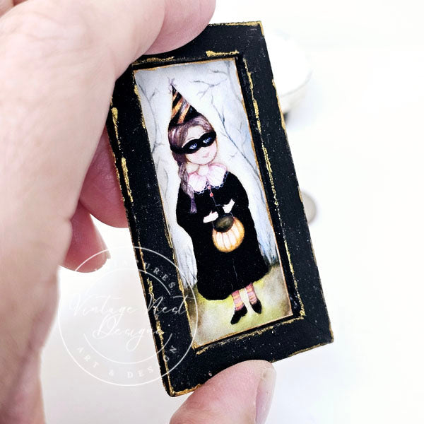 Halloween Treats Girl No.1:1 Dollhouse Miniature Handmade Wooden Framed Art