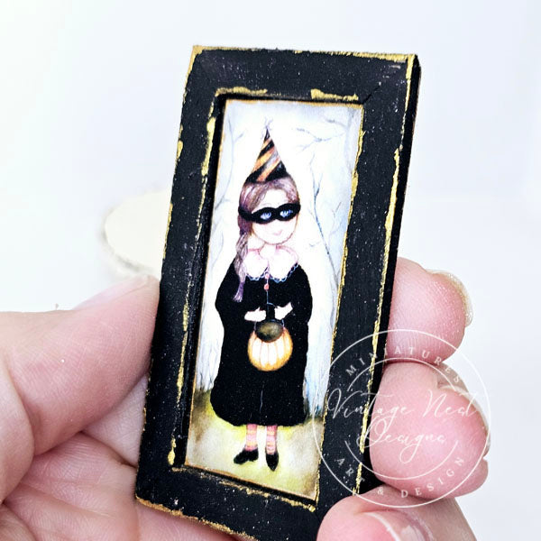 Halloween Treats Girl No.1:1 Dollhouse Miniature Handmade Wooden Framed Art