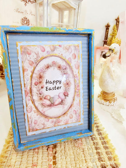 Happy Easter No.1:1 Handmade Framed Art for Dollhouse Diorama Shadow Box