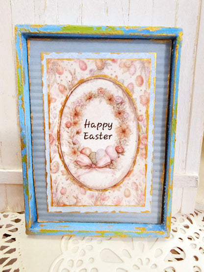Happy Easter No.1:1 Handmade Framed Art for Dollhouse Diorama Shadow Box