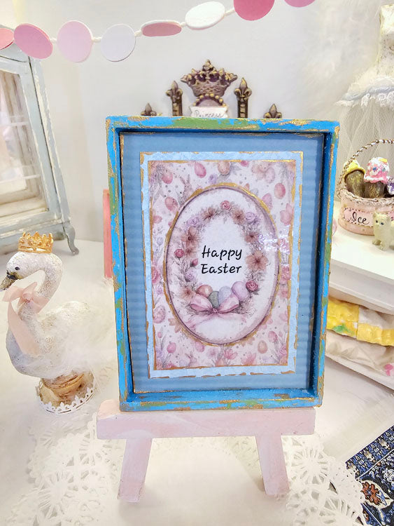 Happy Easter No.1:1 Handmade Framed Art for Dollhouse Diorama Shadow Box