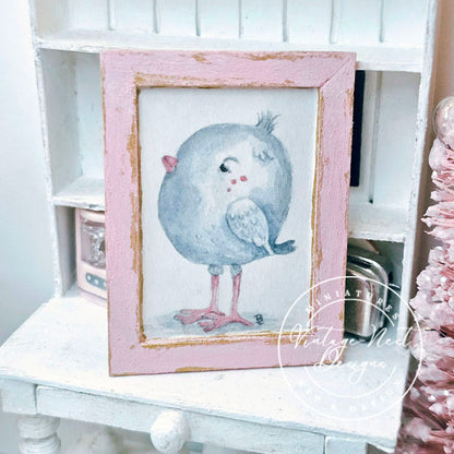Pink Tweet No.1:1 Dollhouse Miniature Handmade Wooden Framed Art