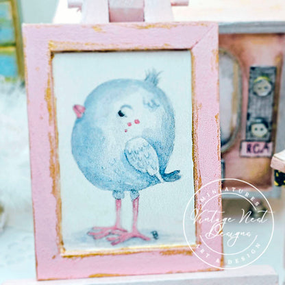 Pink Tweet No.1:1 Dollhouse Miniature Handmade Wooden Framed Art