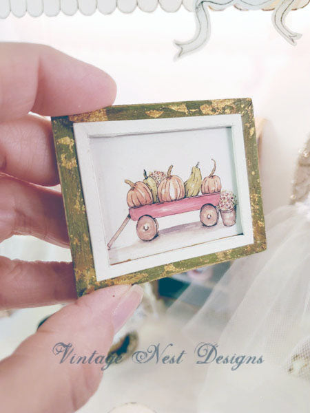 Miniature Pumpkins Red Wagon No.1:1 Handmade for Dollhouse Wooden Framed Art