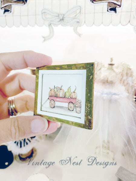 Miniature Pumpkins Red Wagon No.1:1 Handmade for Dollhouse Wooden Framed Art