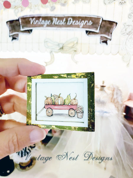 Miniature Pumpkins Red Wagon No.1:1 Handmade for Dollhouse Wooden Framed Art