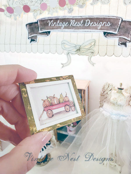 Miniature Pumpkins Red Wagon No.1:1 Handmade for Dollhouse Wooden Framed Art