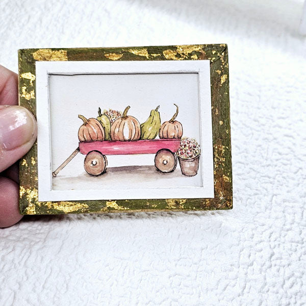 Miniature Pumpkins Red Wagon No.1:1 Handmade for Dollhouse Wooden Framed Art