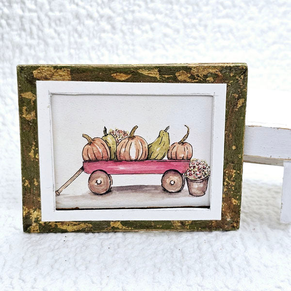 Miniature Pumpkins Red Wagon No.1:1 Handmade for Dollhouse Wooden Framed Art