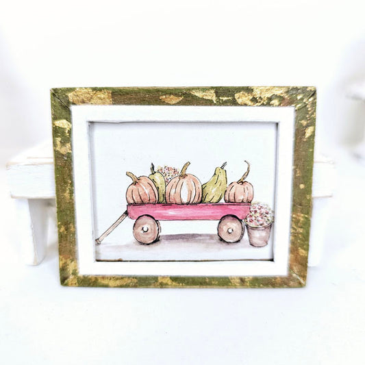 Miniature Pumpkins Red Wagon No.1:1 Handmade for Dollhouse Wooden Framed Art