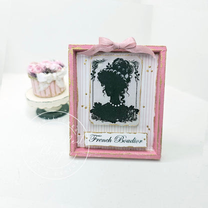 Miniature Silhouette Doll No.1-1 Art , Pink Wood Frame Dollhouse Diorama 1:12 Scale