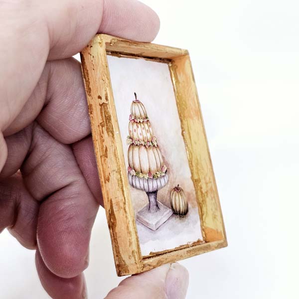 Miniature Stacked Fall Halloween Pumpkins No.1:1 Handmade for Dollhouse Wooden Framed Art