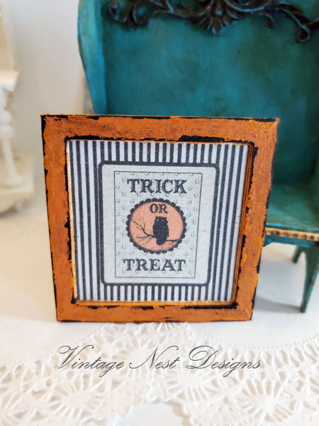 Miniature Trick or Treat No.1 Handmade for Dollhouse Wooden Framed Art